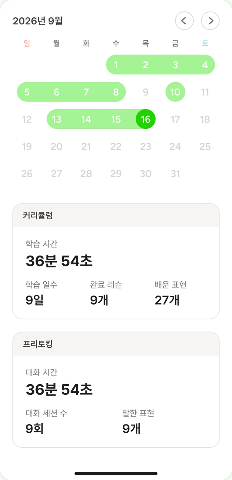 Sayit 학습 현황 화면. 9월 달력에 말한 날들이 초록으로 이어져 있고, 아래에 커리큘럼과 프리토킹의 학습 시간·레슨 수·배운 표현이 정리되어 있다.